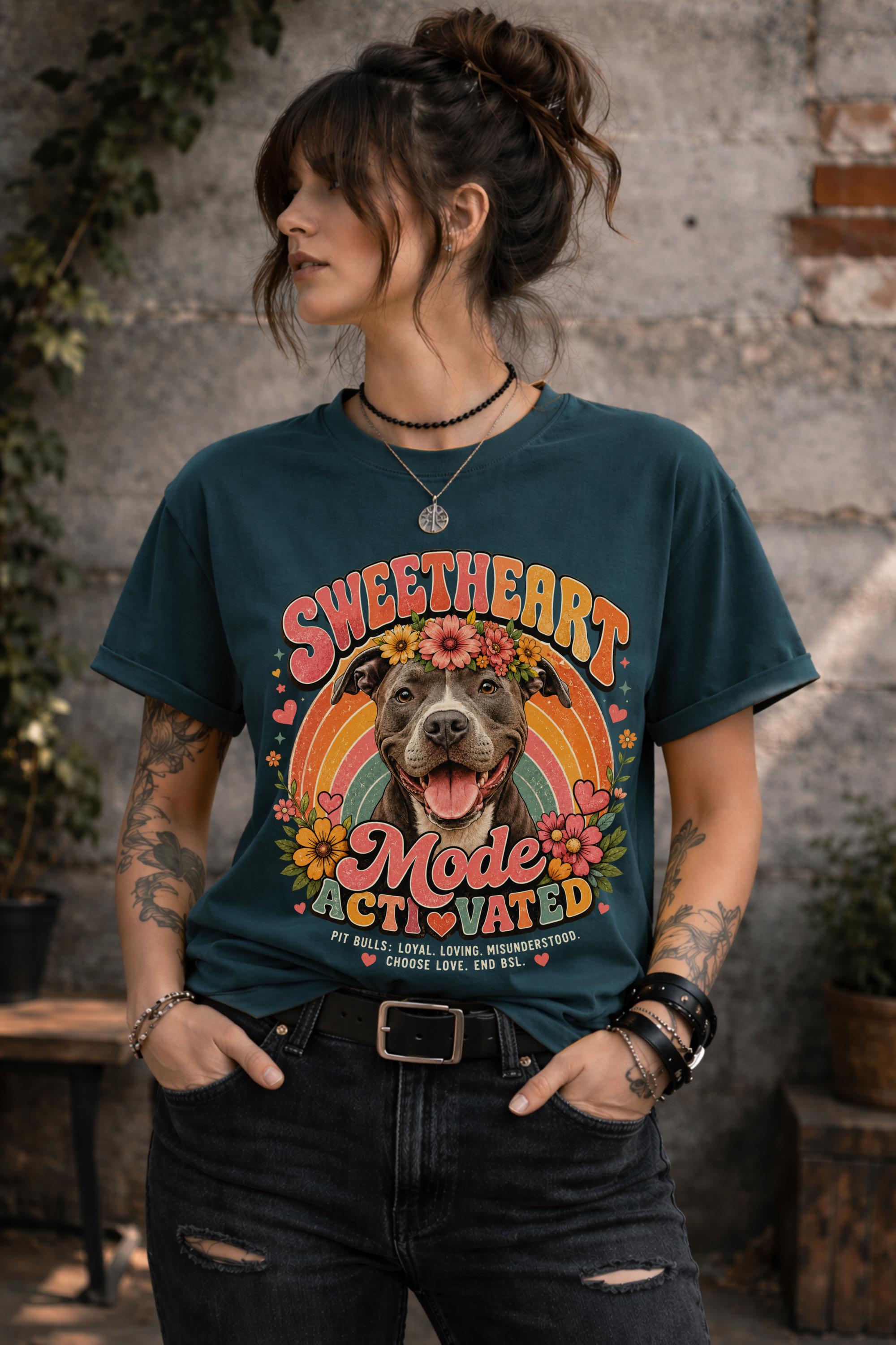 Pit Bull lover apparel showcasing colorful retro rainbow floral artwork