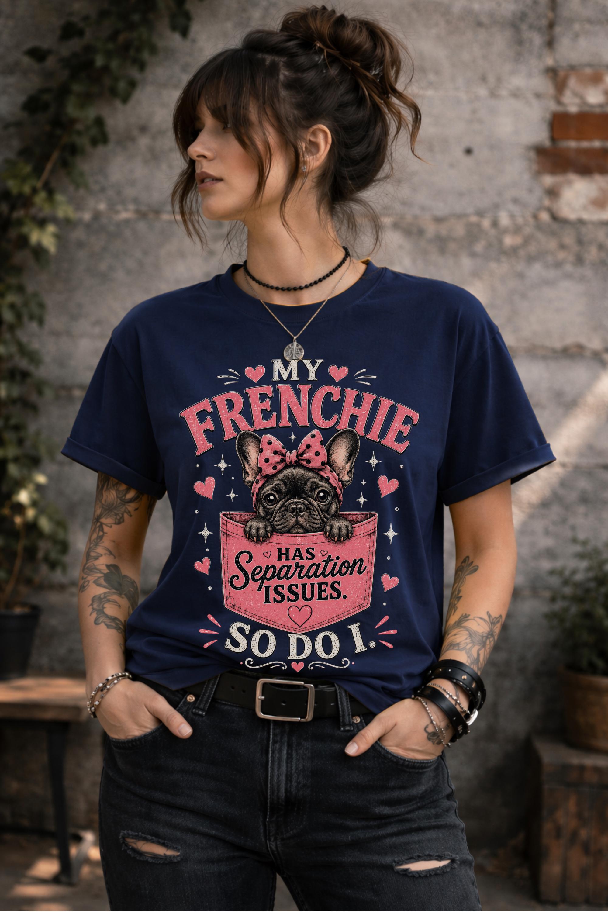 Pet owner graphic tee featuring French Bulldog pocket illustration