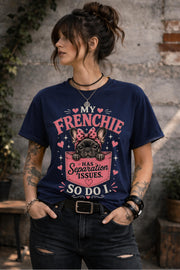 Pet owner graphic tee featuring French Bulldog pocket illustration