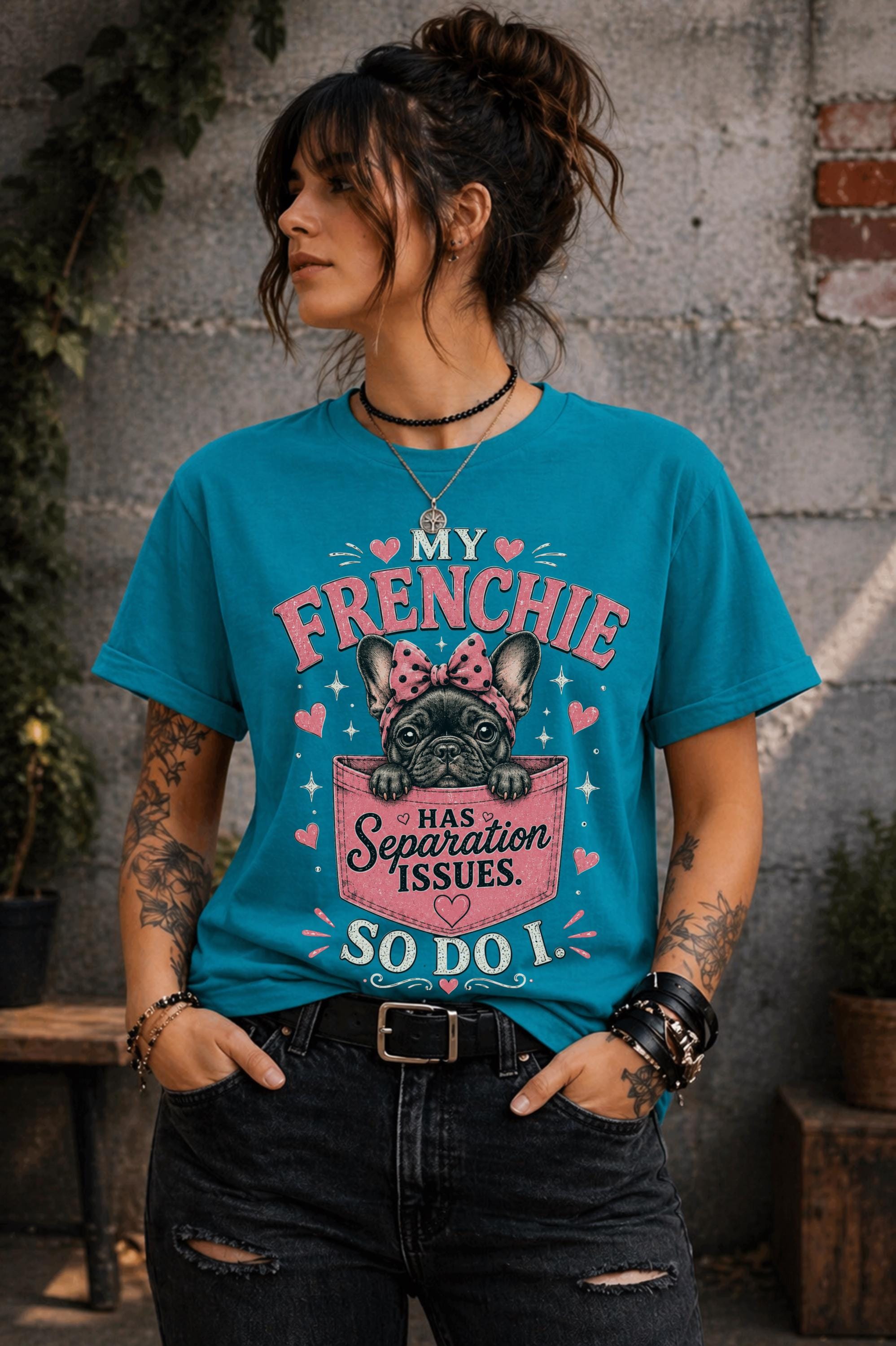 Cute puppy lover shirt with pink bow French Bulldog design