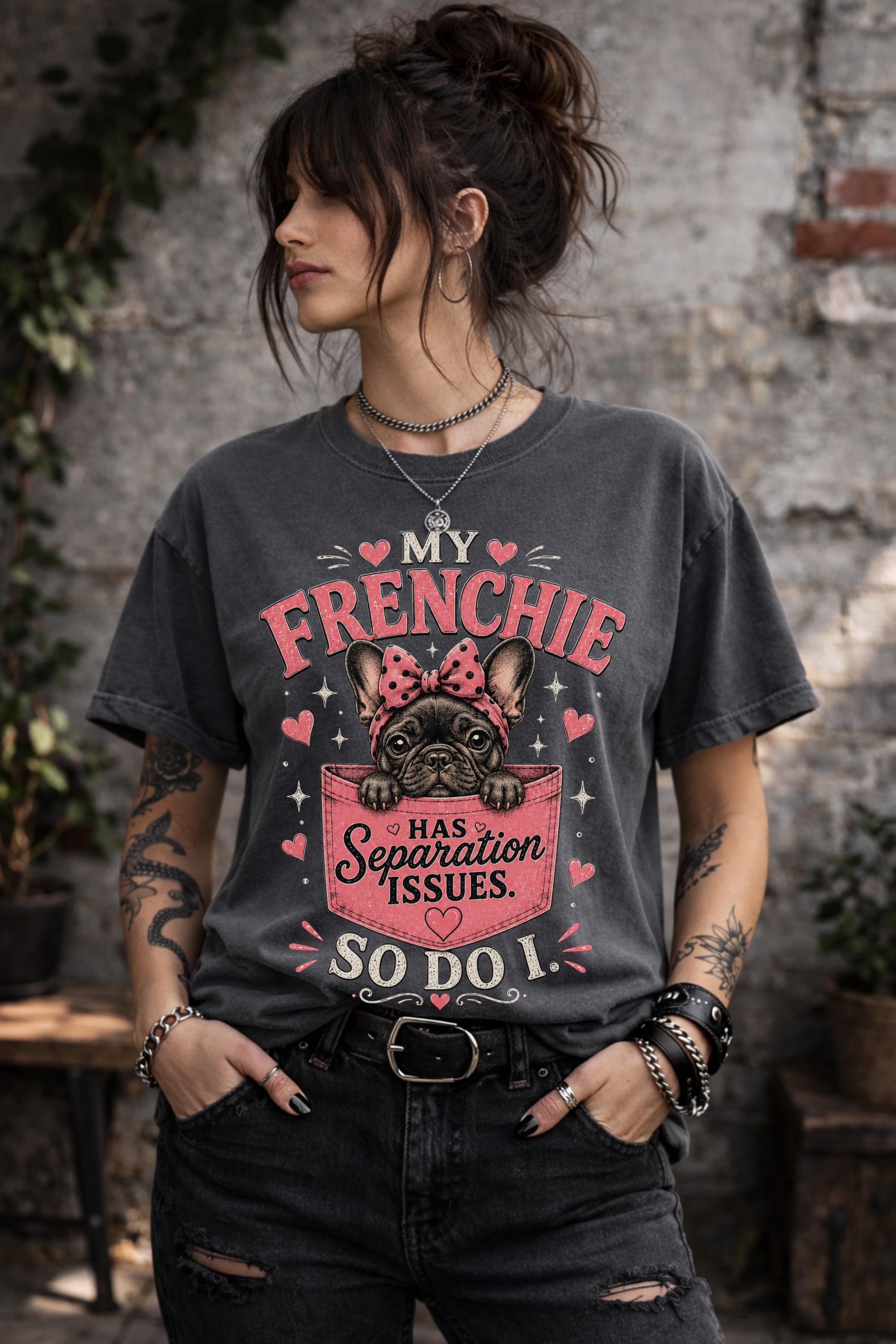 Dog mom graphic tee featuring Frenchie illustration with humorous saying
