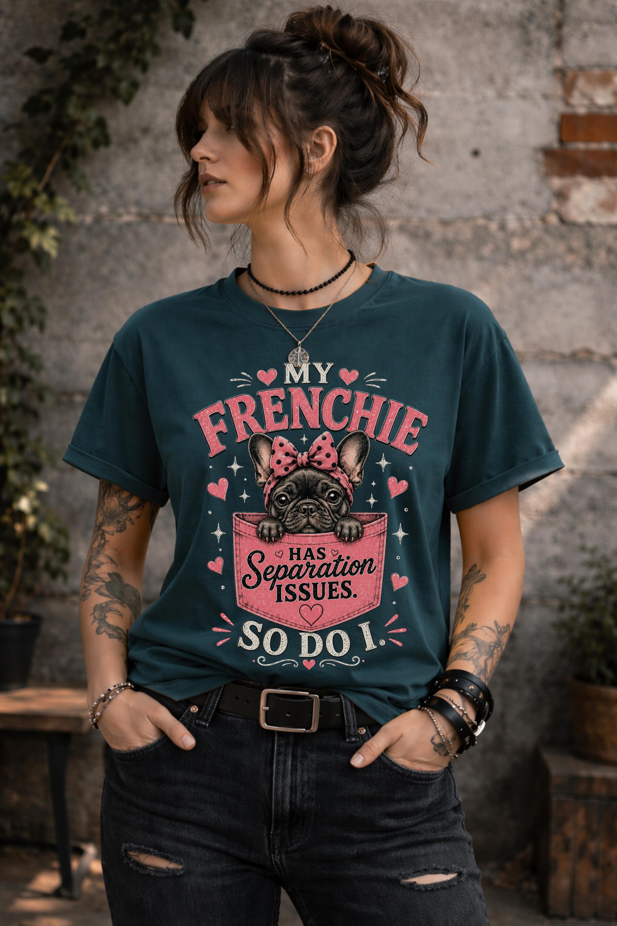 French Bulldog lover shirt showcasing cute puppy artwork and hearts