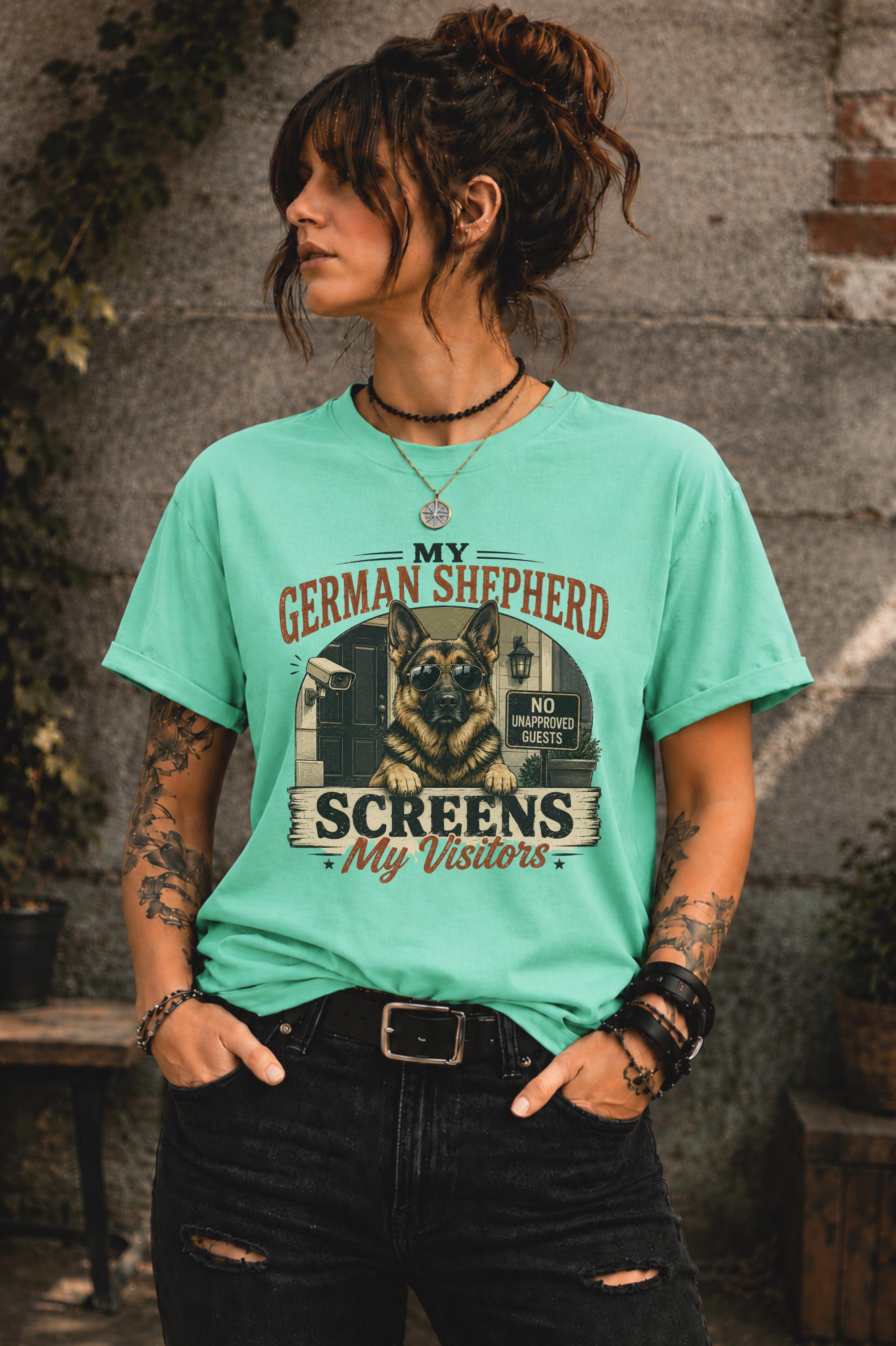 Dog lover shirt showcasing protective German Shepherd guarding the front entrance
