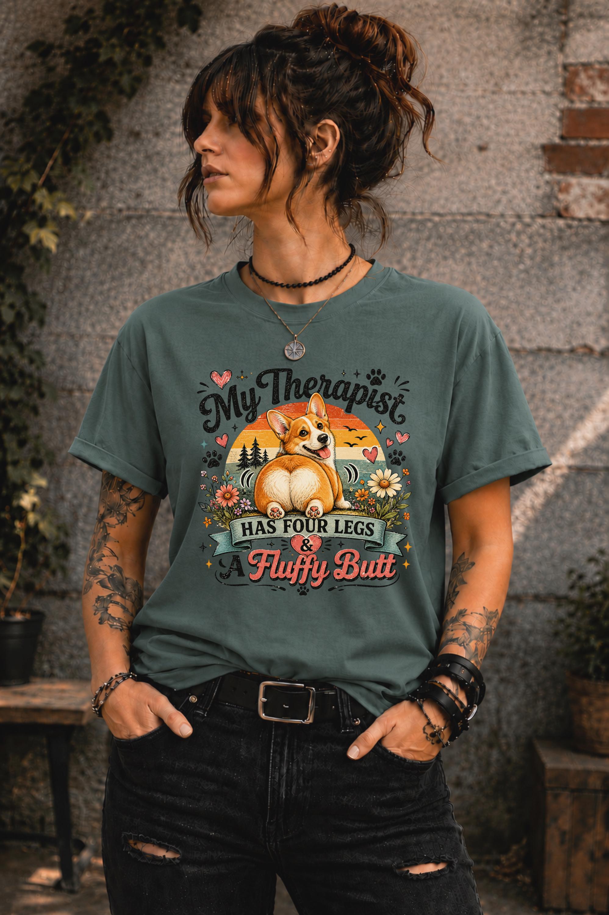 Funny pet parent tee showcasing corgi surrounded by flowers and hearts