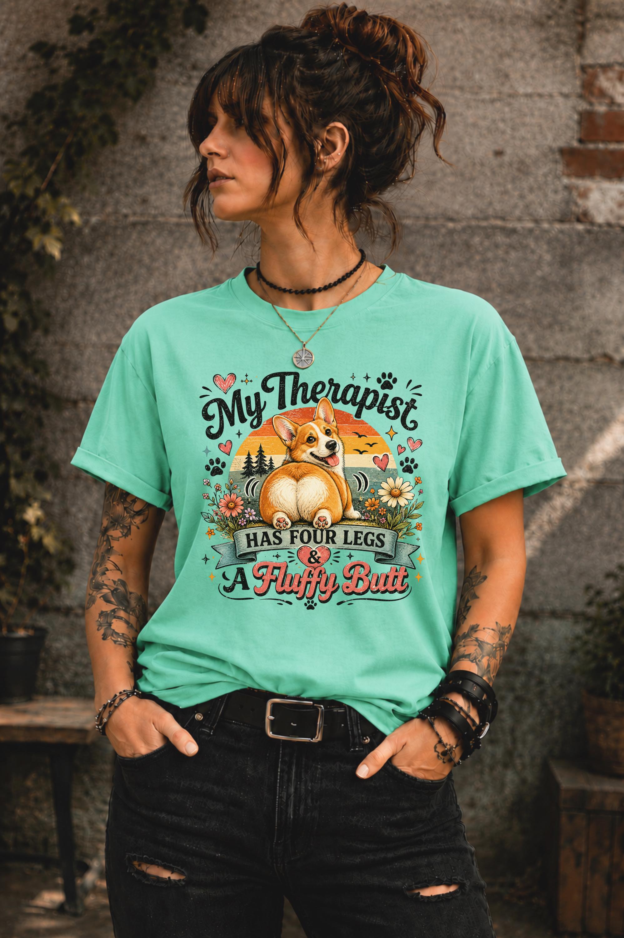 Dog lover apparel with happy corgi illustration and vintage sunset background