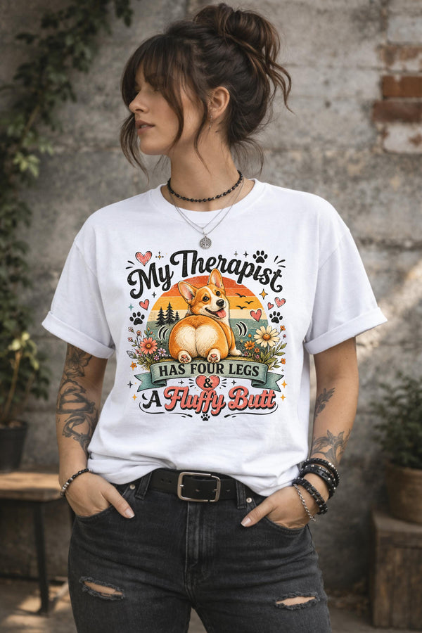Cute corgi graphic shirt featuring funny therapist quote and floral artwork