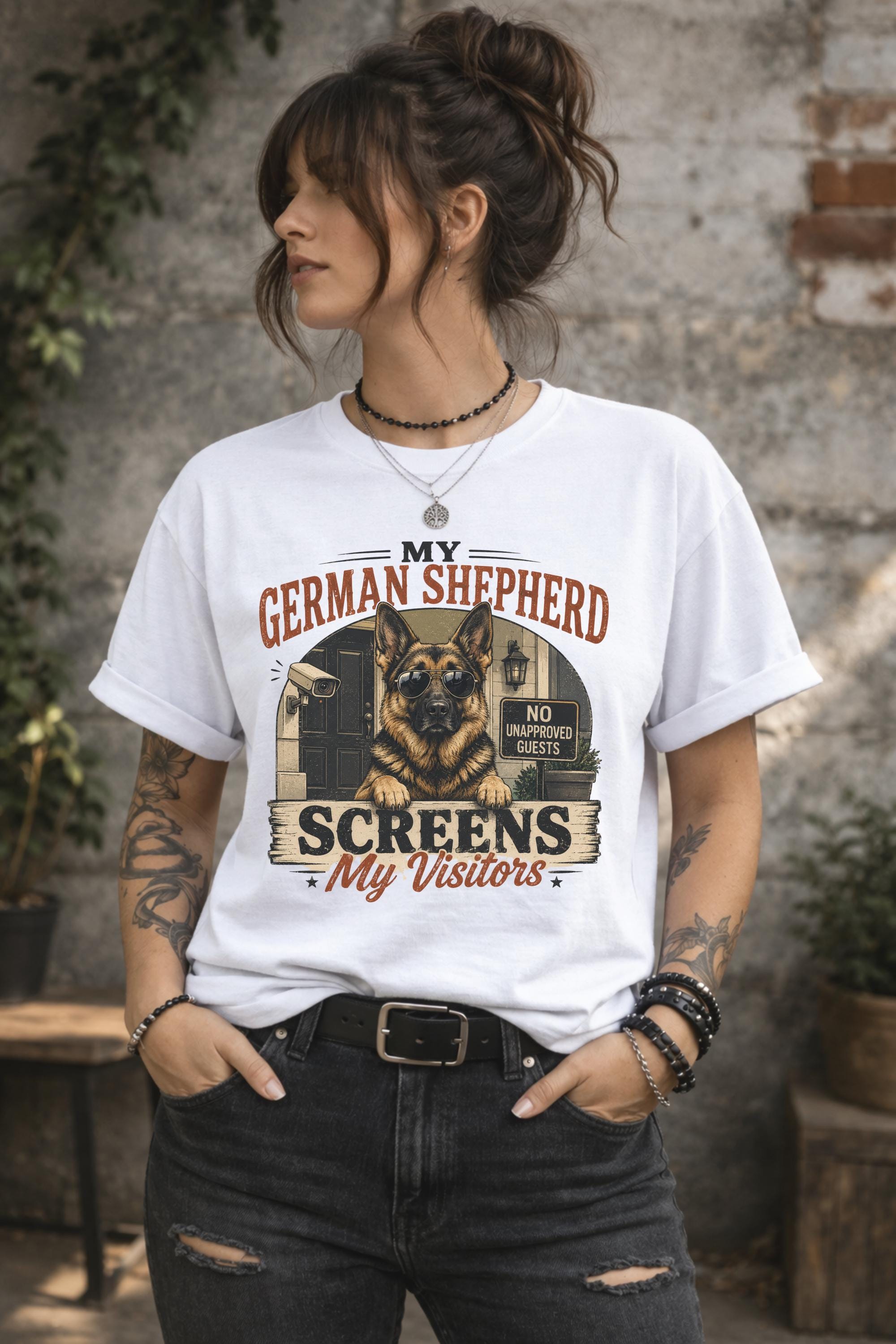 German Shepherd graphic shirt featuring dog wearing sunglasses and security themed artwork