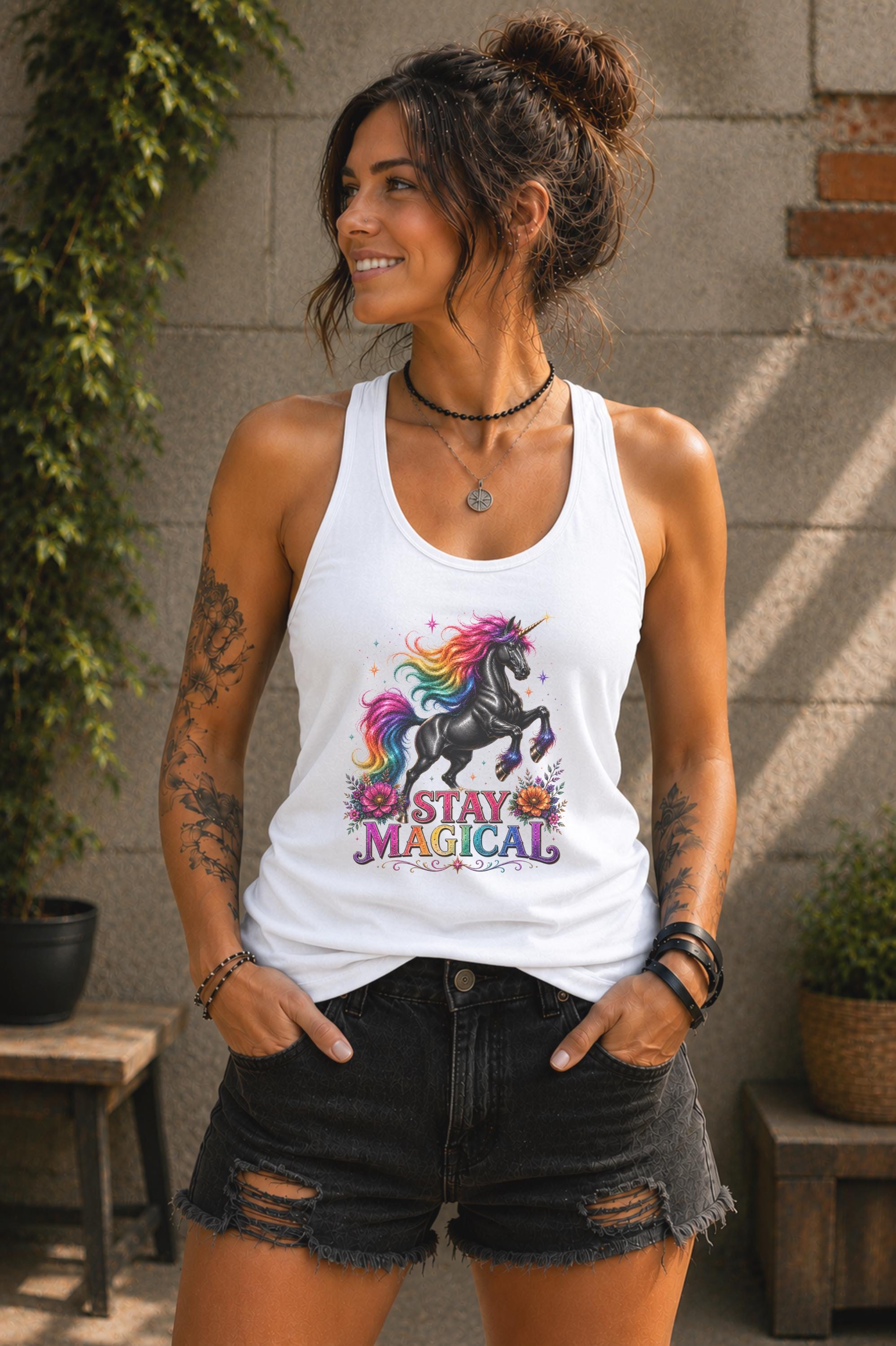 Fantasy themed tank featuring colorful unicorn illustration and uplifting message