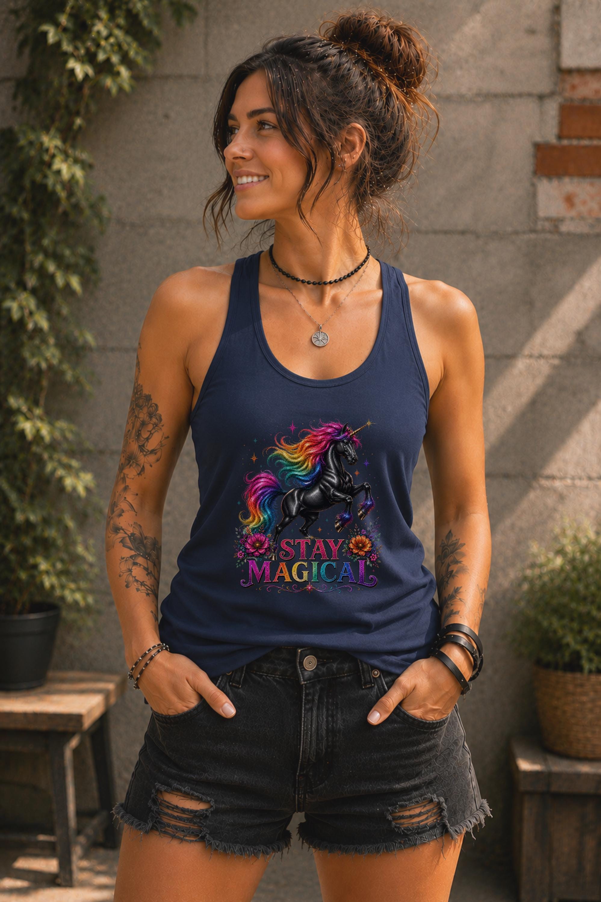 Unicorn lover tank top with vibrant fantasy artwork and floral accents