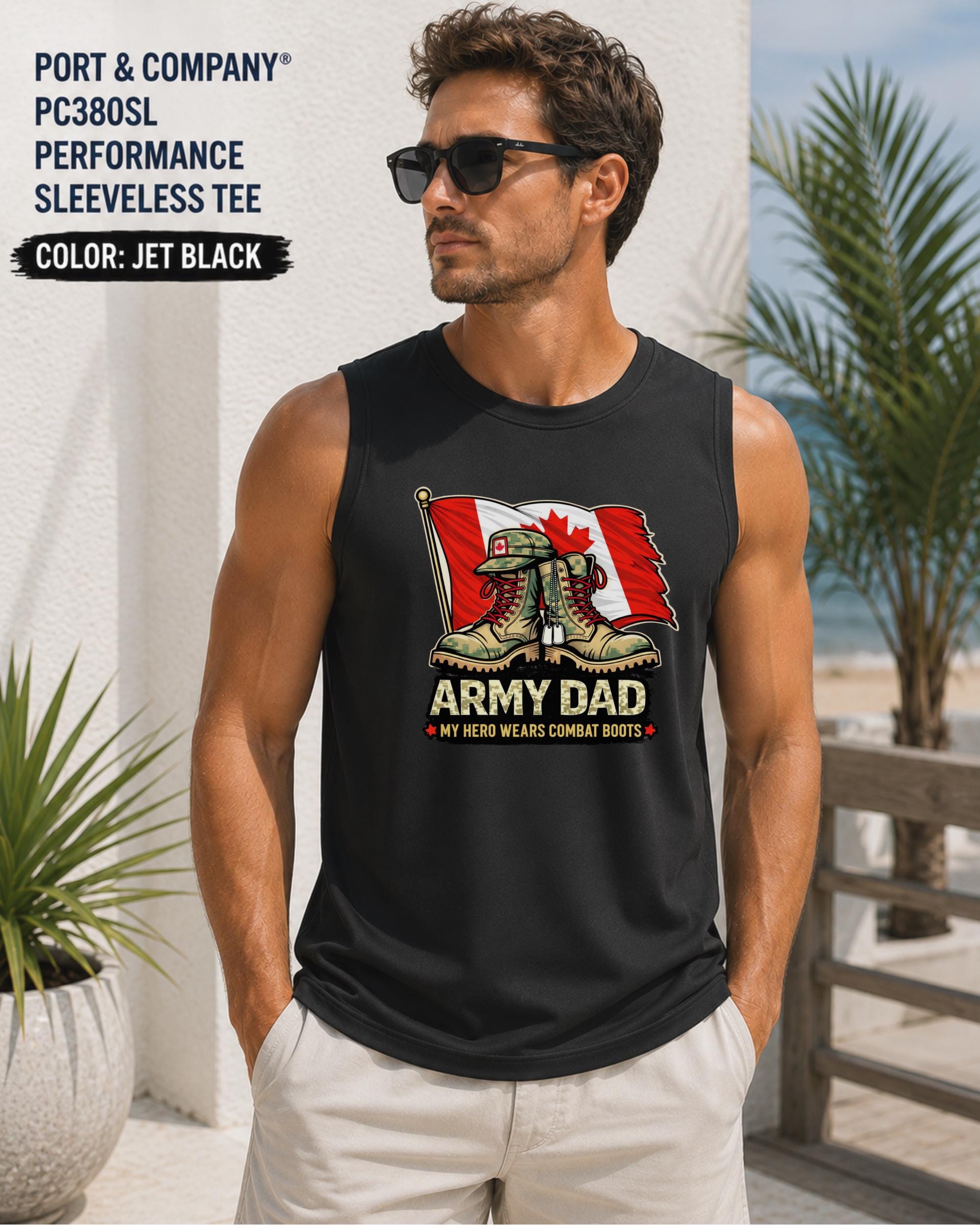 Army Dad performance sleeveless tee with Canadian flag
