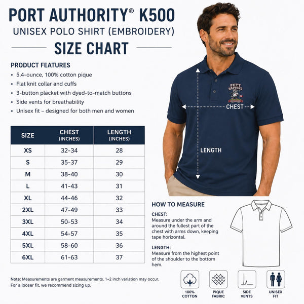 Size chart for Port Authority K500 embroidered golf polo featuring a funny raccoon golfer design with the phrase Putt Happens and Keep Swinging