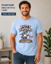 Light Blue Gildan 64000 golf t-shirt featuring a funny raccoon golfer with Putt Happens Keep Swinging design and Canadian flag accent