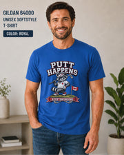 Royal Gildan 64000 golf t-shirt featuring a funny raccoon golfer with Putt Happens Keep Swinging design and Canadian flag accent