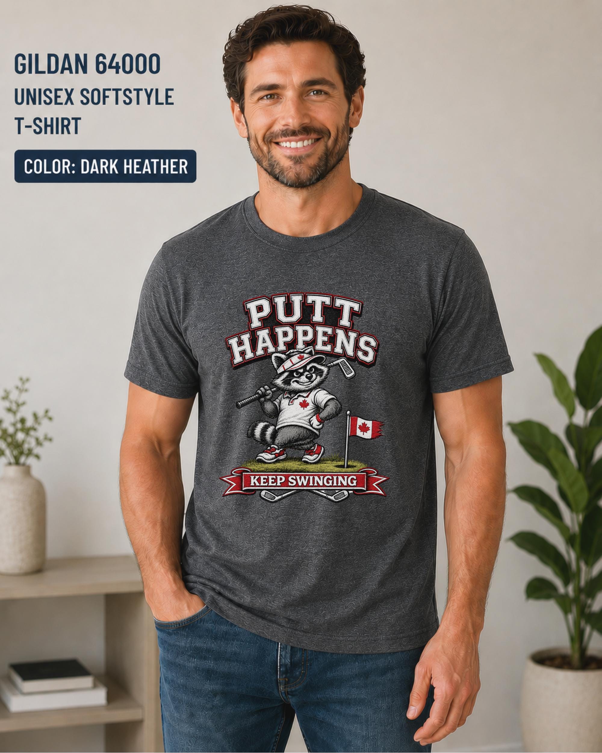 Dark heather Gildan 64000 golf t-shirt featuring a funny raccoon golfer with Putt Happens Keep Swinging design and Canadian flag accent