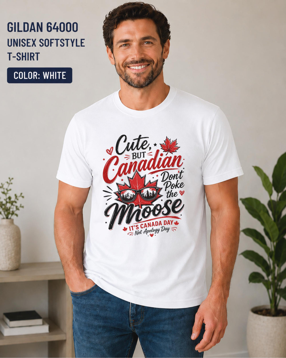 Canada Day t-shirt featuring maple leaf sunglasses graphic