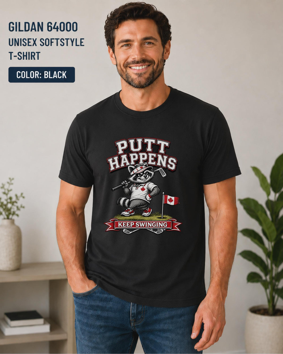 Black Gildan 64000 golf t-shirt featuring a funny raccoon golfer with Putt Happens Keep Swinging design and Canadian flag accent