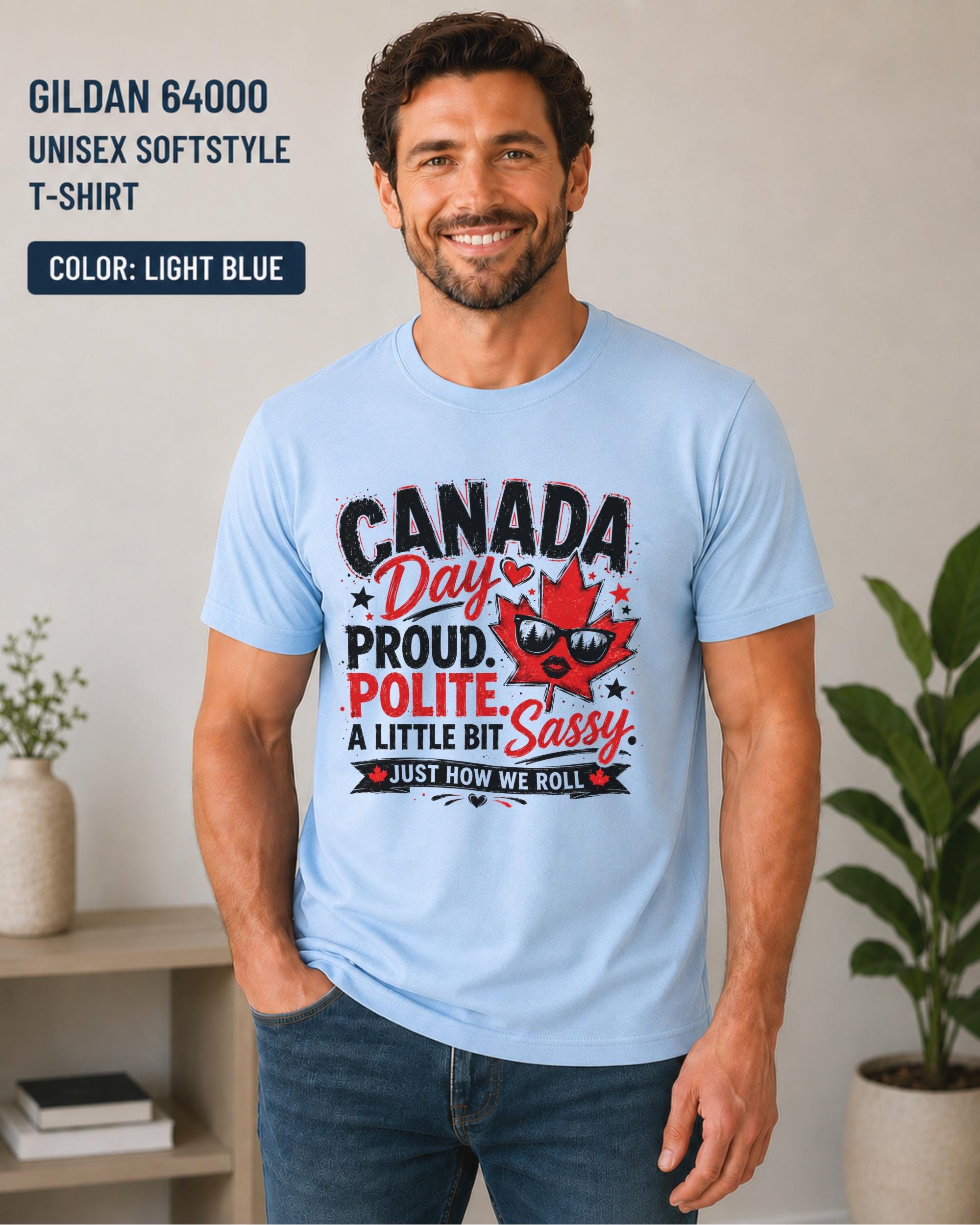 Canada Day graphic shirt with maple leaf sunglasses