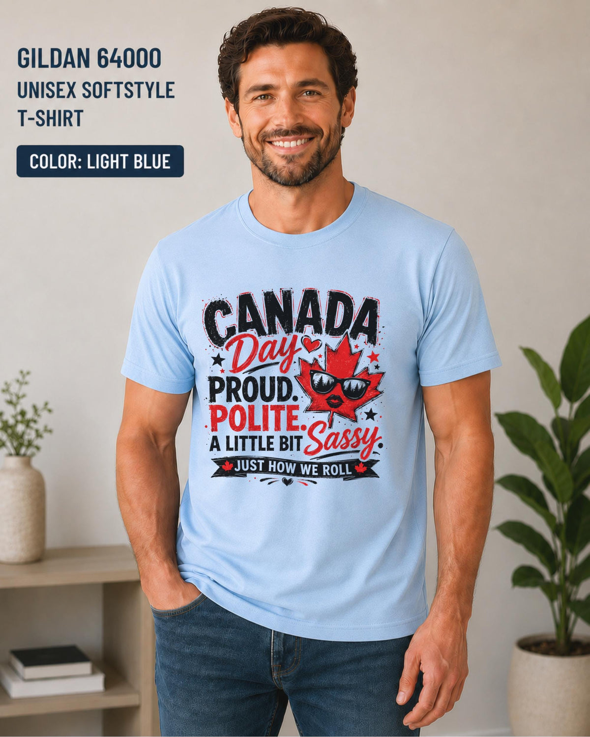 Canada Day graphic shirt with maple leaf sunglasses