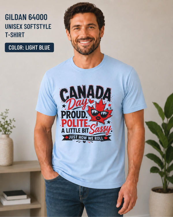 Canada Day graphic shirt with maple leaf sunglasses