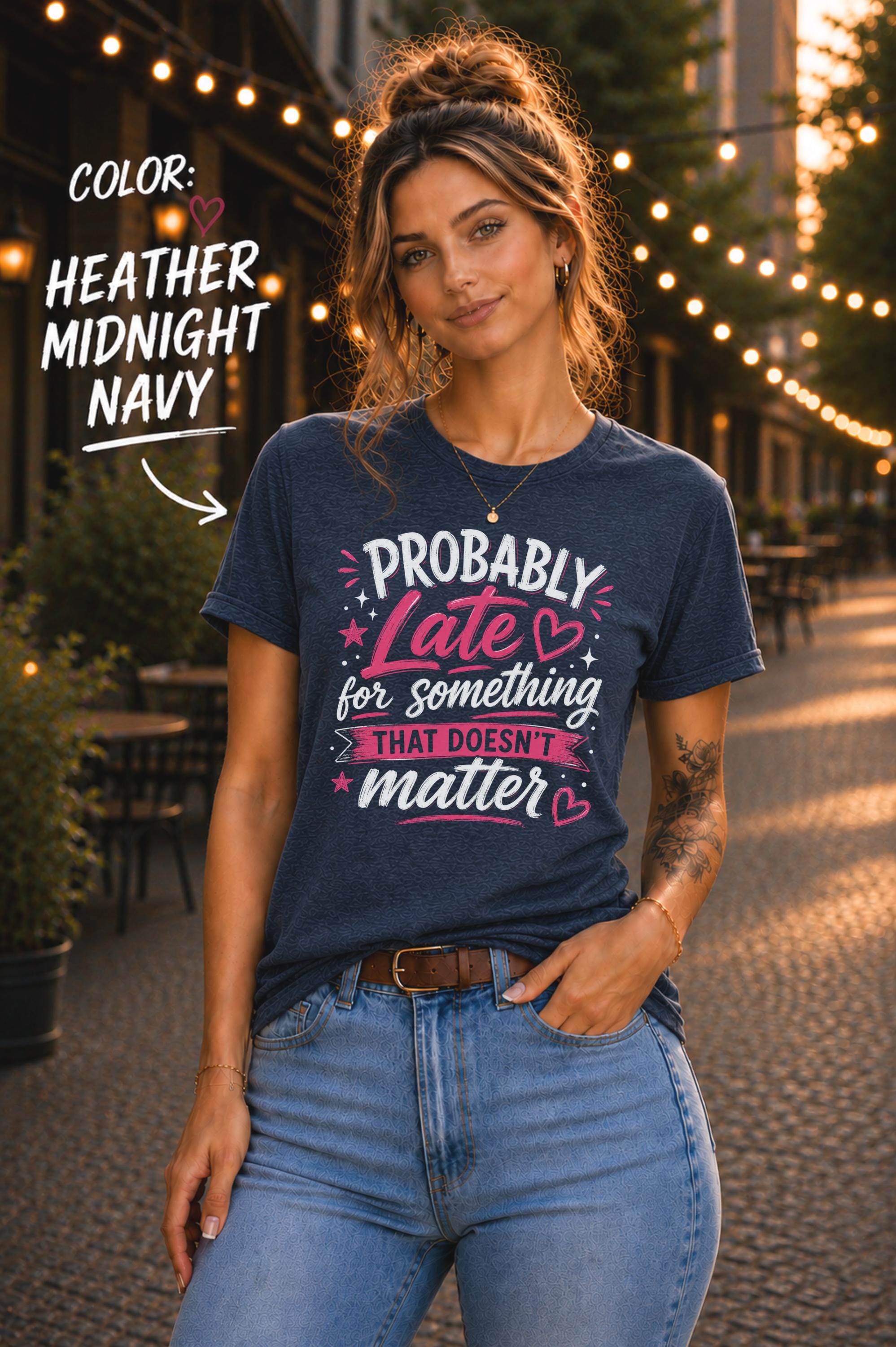Woman wearing heather midnight navy graphic t-shirt featuring the phrase "Probably Late for Something That Doesn't Matter" in pink and white typography with playful heart accents.