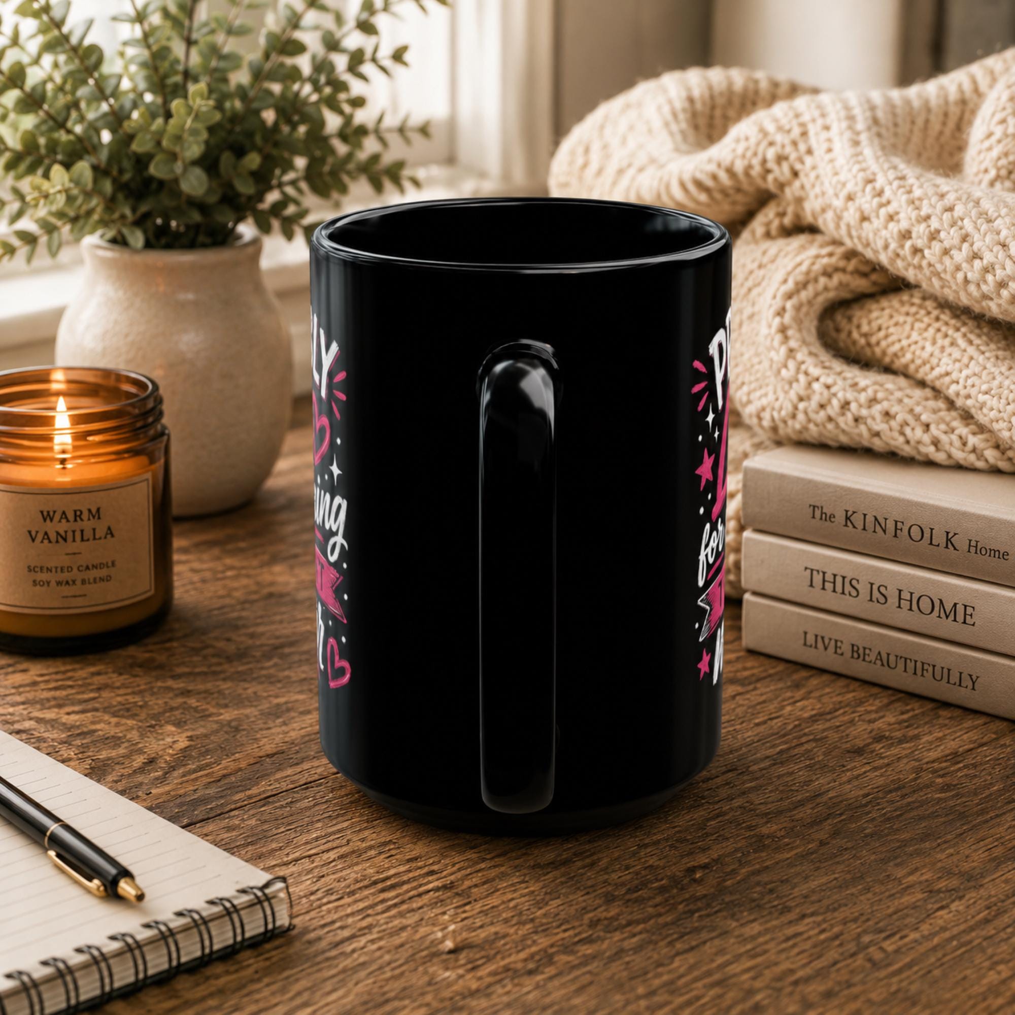 Featuring the handle side of the Black ceramic coffee mug featuring the phrase "Probably Late for Something That Doesn't Matter" in pink and white typography, available in 11 oz and 15 oz sizes.