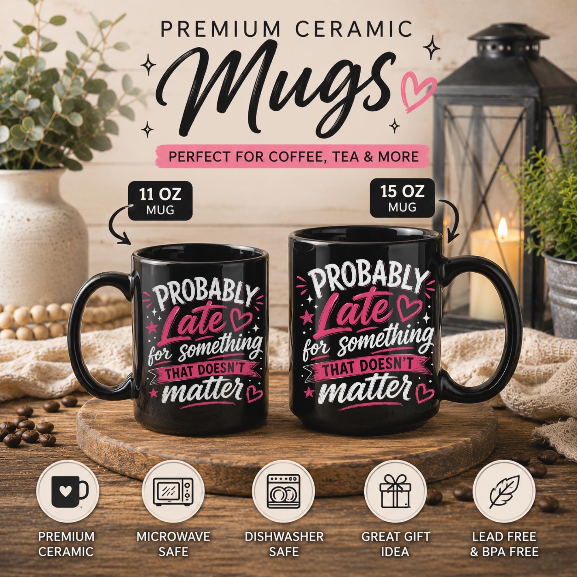 Black ceramic coffee mug featuring the phrase "Probably Late for Something That Doesn't Matter" in pink and white typography, available in 11 oz and 15 oz sizes.