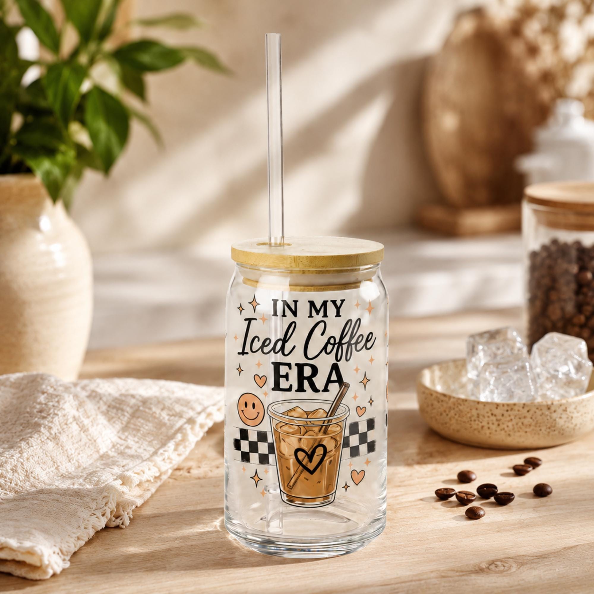 Coffee lover glass cup with reusable straw and iced coffee design