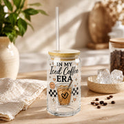 Coffee lover glass cup with reusable straw and iced coffee design