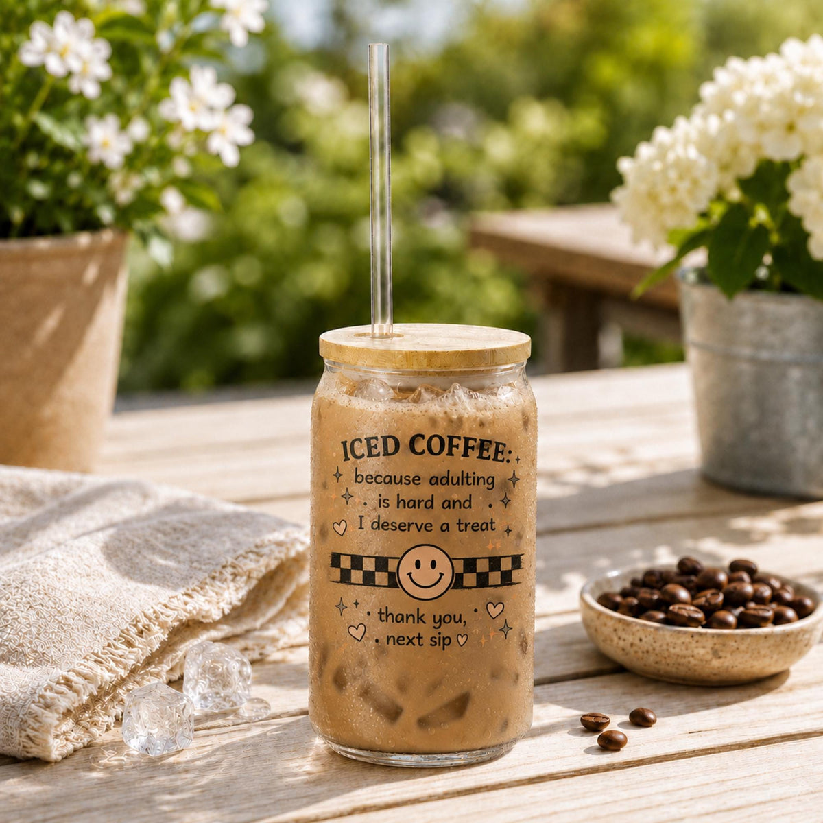 Trendy coffee bar accessory with playful iced beverage artwork