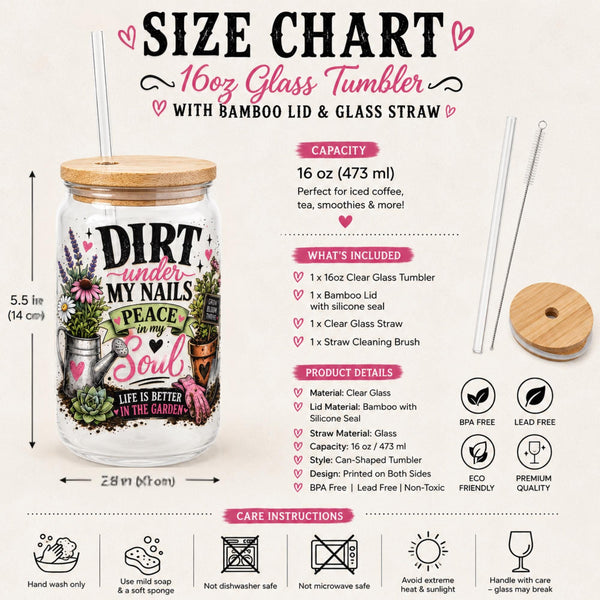 Size chart Garden themed iced coffee cup with watering can and floral design