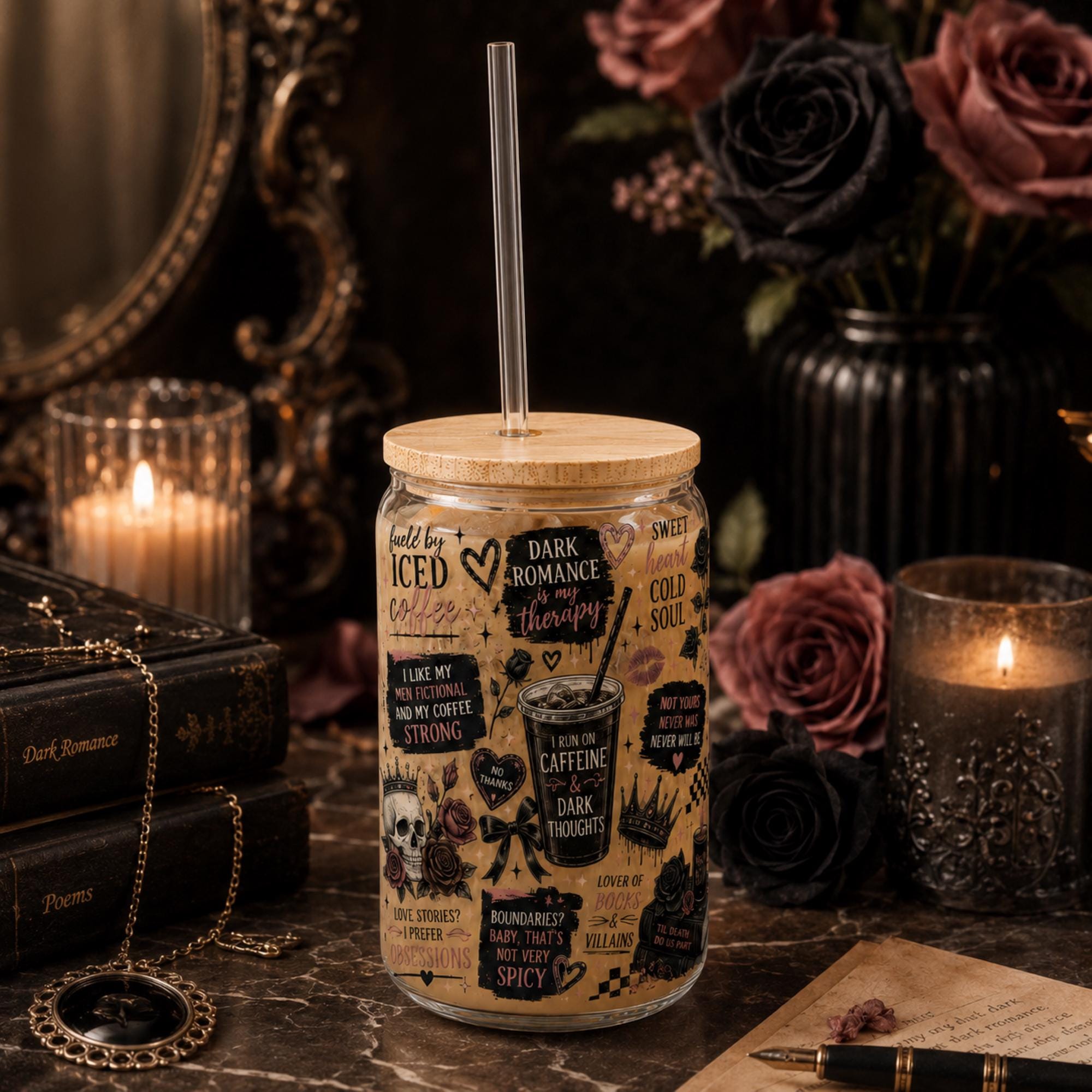 Reader themed iced coffee tumbler with bamboo lid and straw