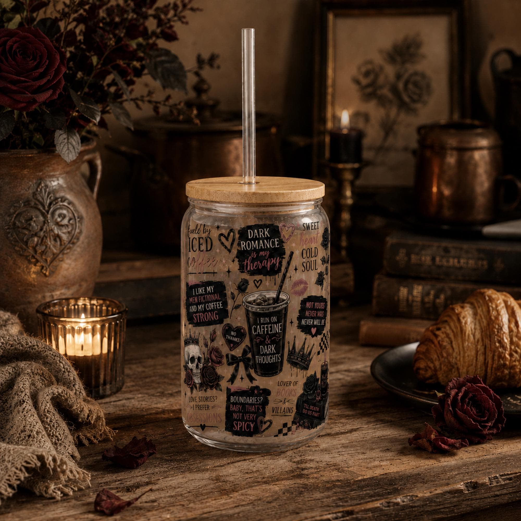 BookTok inspired glass cup with dark romance aesthetic design