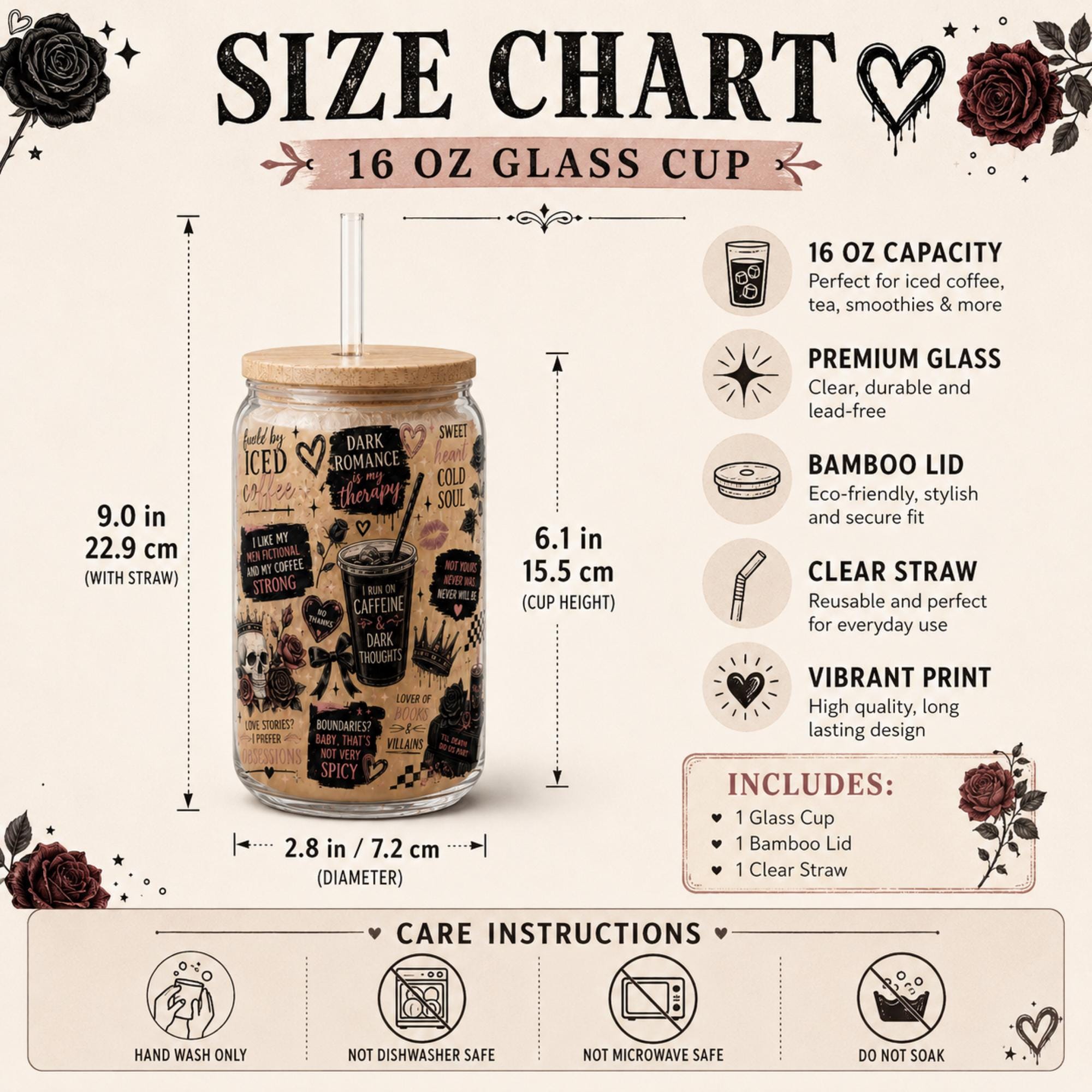 Size chart for a glass can featuring gothic roses crowns and books