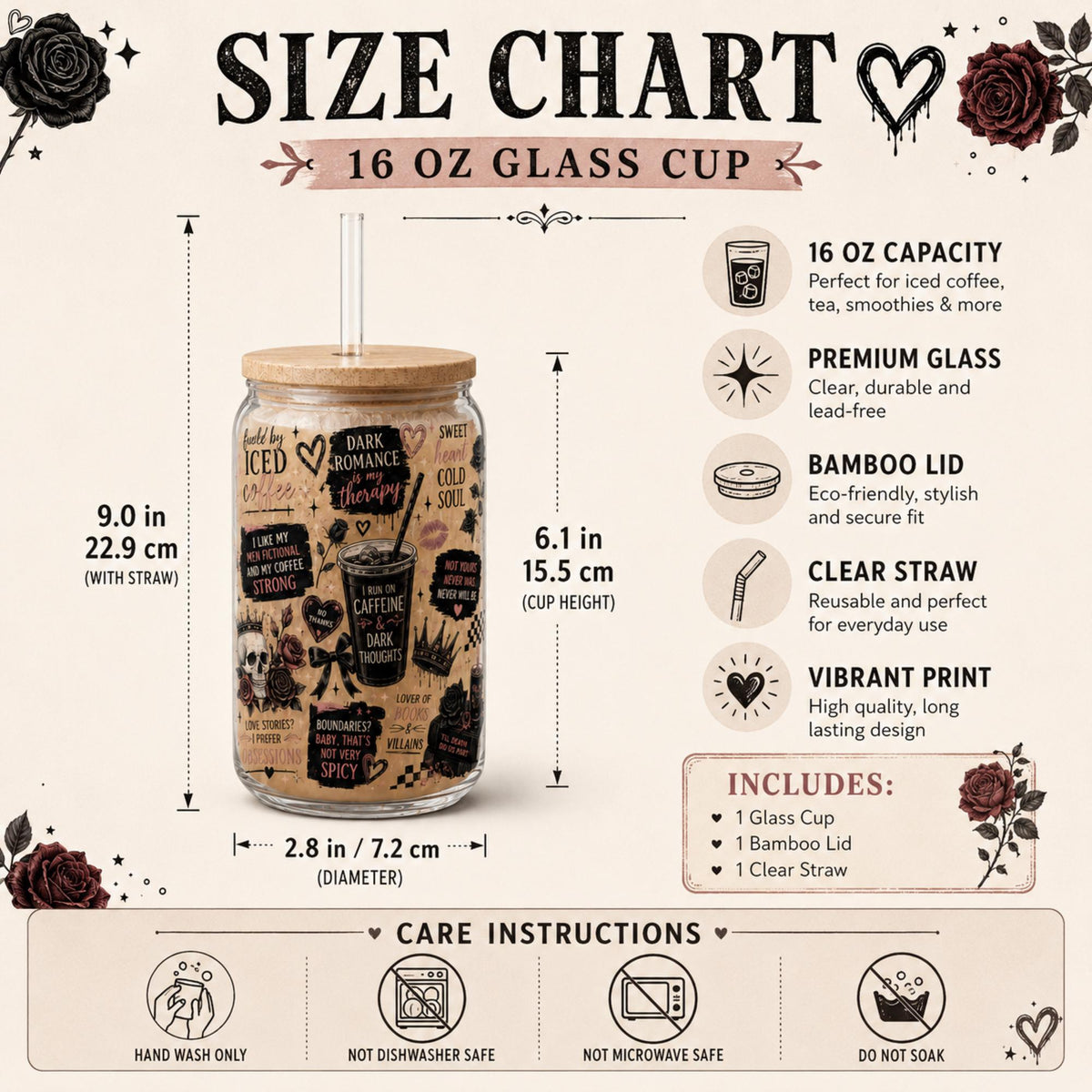 Size chart for a glass can featuring gothic roses crowns and books