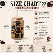 Size chart for a glass can featuring gothic roses crowns and books