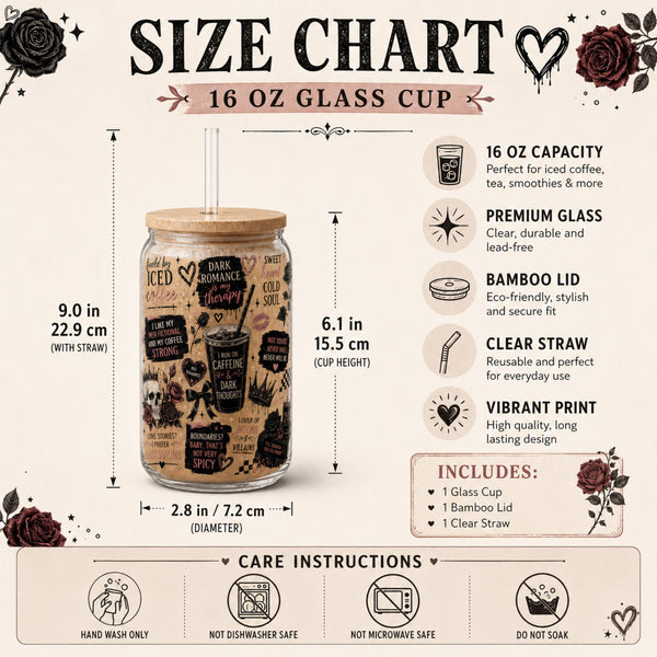 Size chart for a glass can featuring gothic roses crowns and books