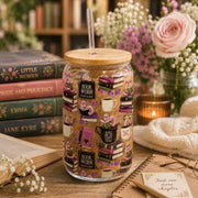Bookworm themed glass can with bamboo lid and reusable straw