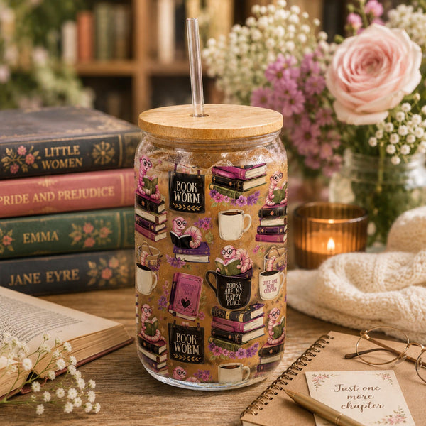 Bookworm themed glass can with bamboo lid and reusable straw