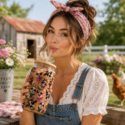 Country themed iced coffee glass with bamboo lid and straw