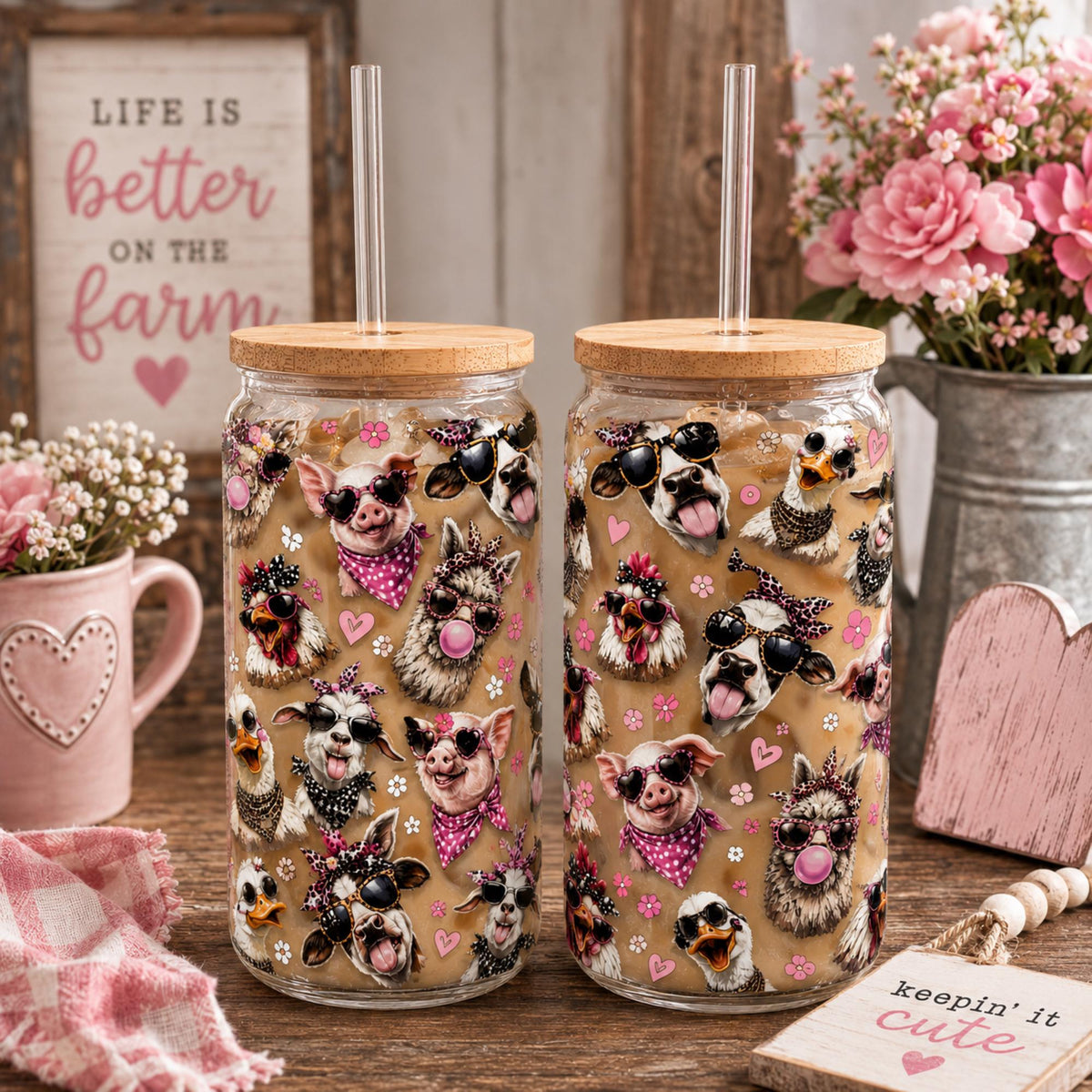 Homestead inspired drinkware decorated with farm animals