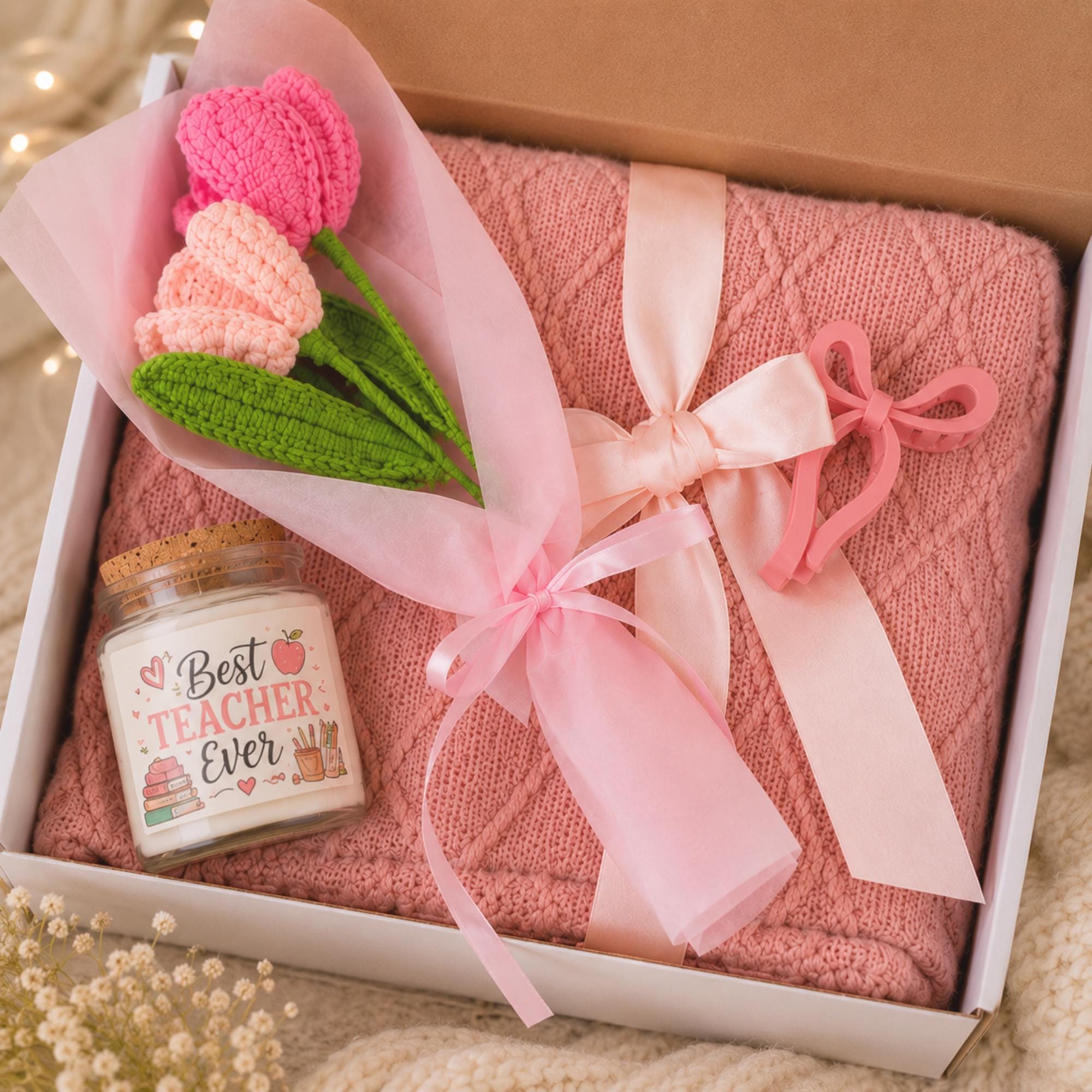 Teacher appreciation gift box featuring a blush pink knit blanket, Best Teacher Ever candle, crochet flower bouquet, and pink bow clip arranged in elegant gift-ready packaging.