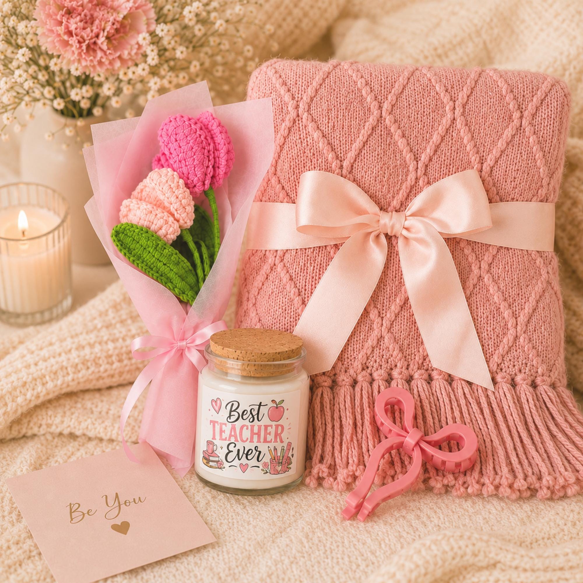 Teacher appreciation gift box featuring a blush pink knit blanket, Best Teacher Ever candle, crochet flower bouquet, and pink bow clip arranged in elegant gift-ready packaging.