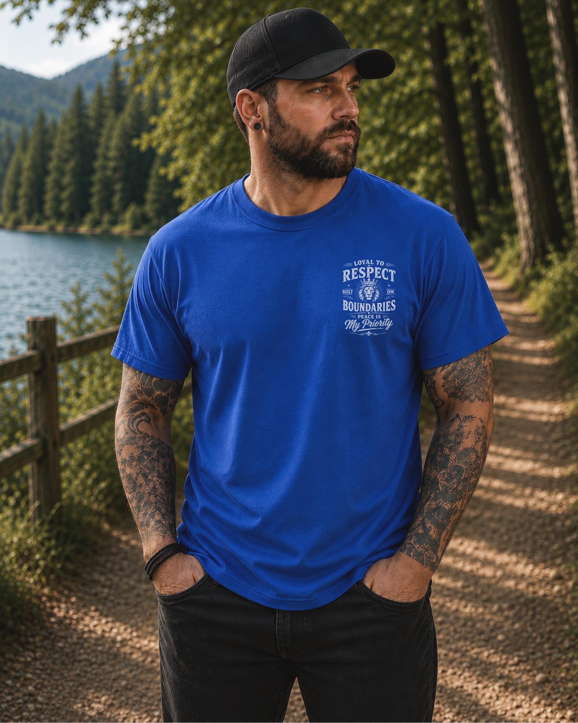 Front view of a shirt featuring the humorous phrase "loyal to respect built on boundaries peace is my priority", and on the back "I'm Friendly But My Wife Isn't" in distressed white typography.