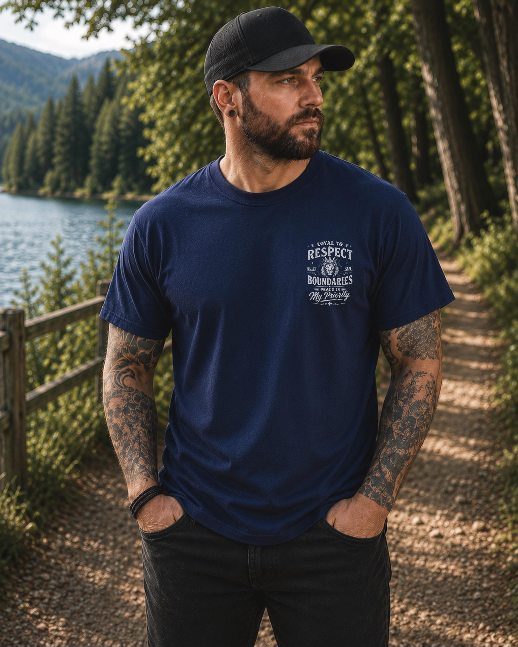 Front view of a shirt featuring the humorous phrase "loyal to respect built on boundaries peace is my priority", and on the back "I'm Friendly But My Wife Isn't" in distressed white typography.