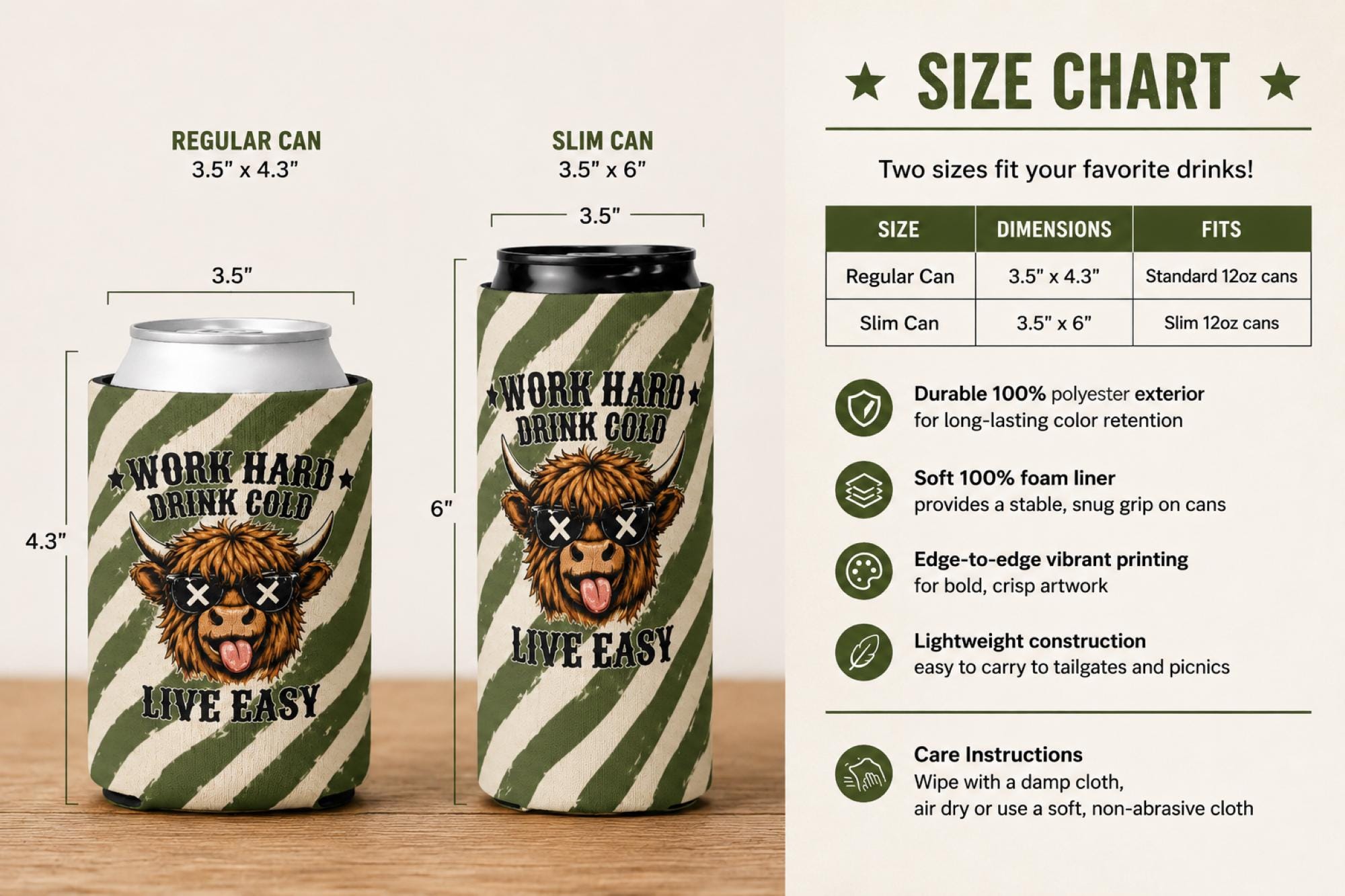 Product features infographic showing material and care instructions.