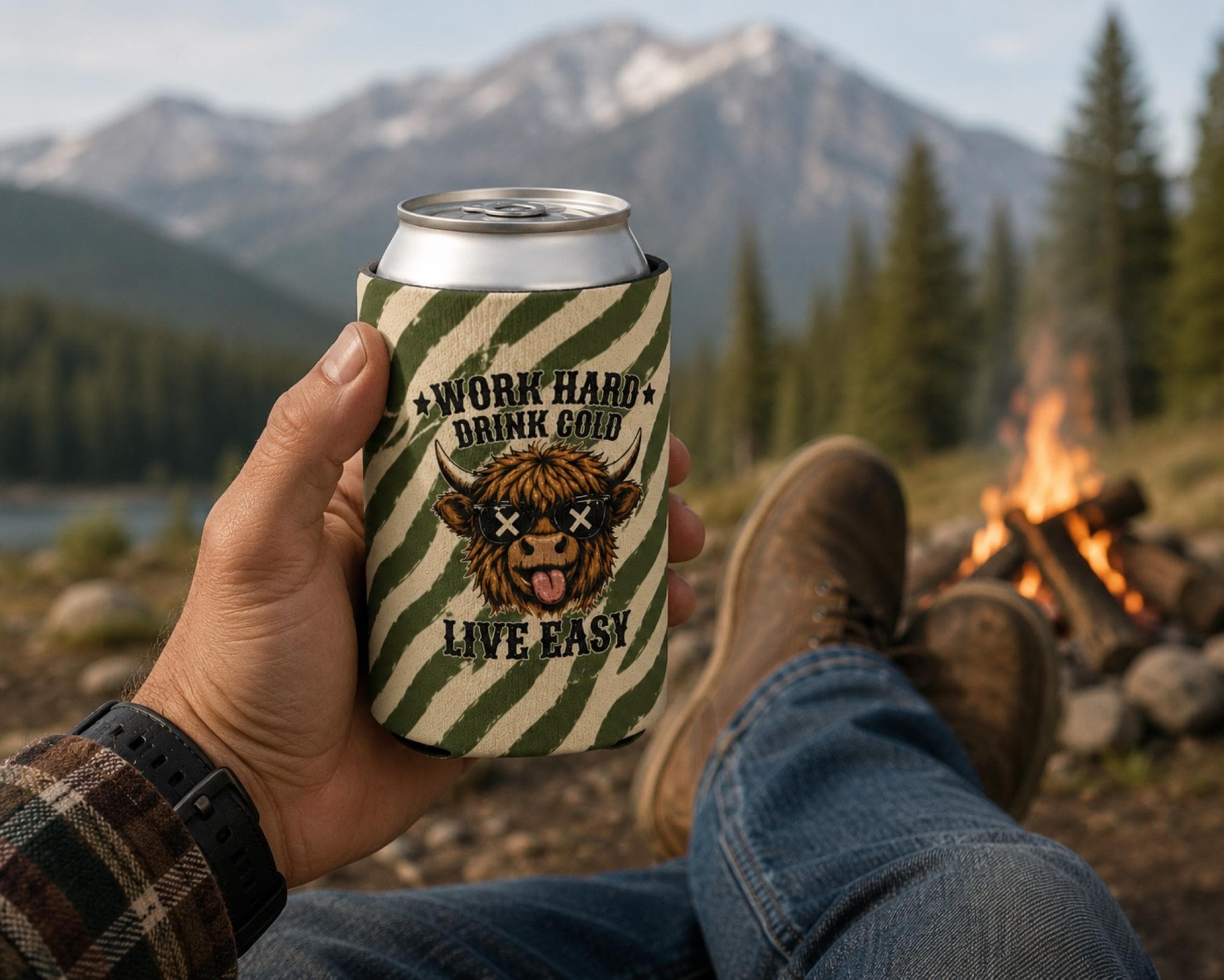 Lifestyle mockup of can cooler used outdoors.