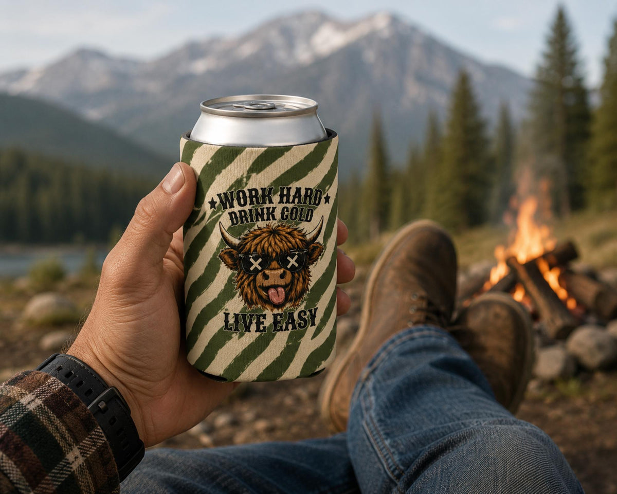 Lifestyle mockup of can cooler used outdoors.