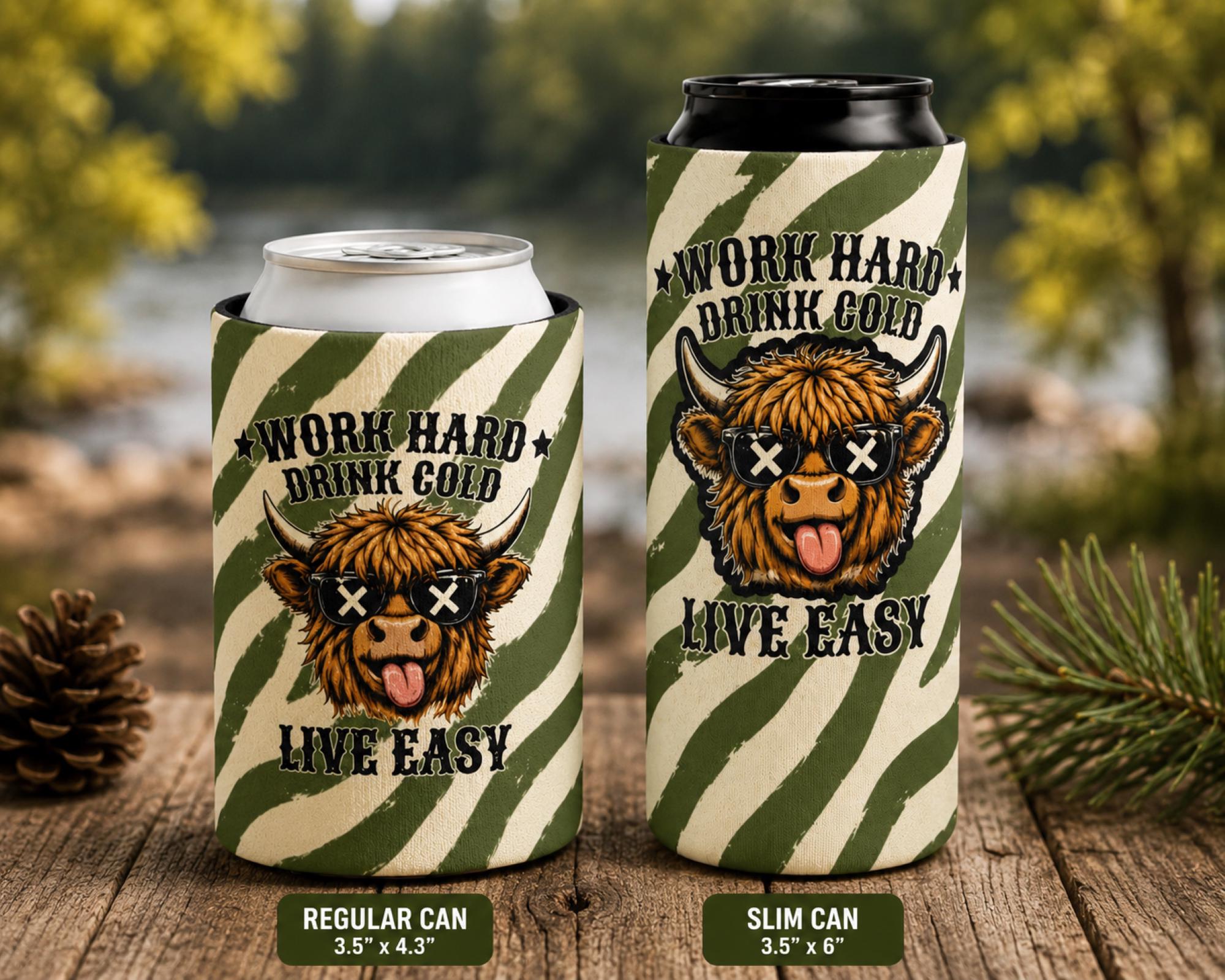 Side-by-side regular and slim can cooler size comparison.