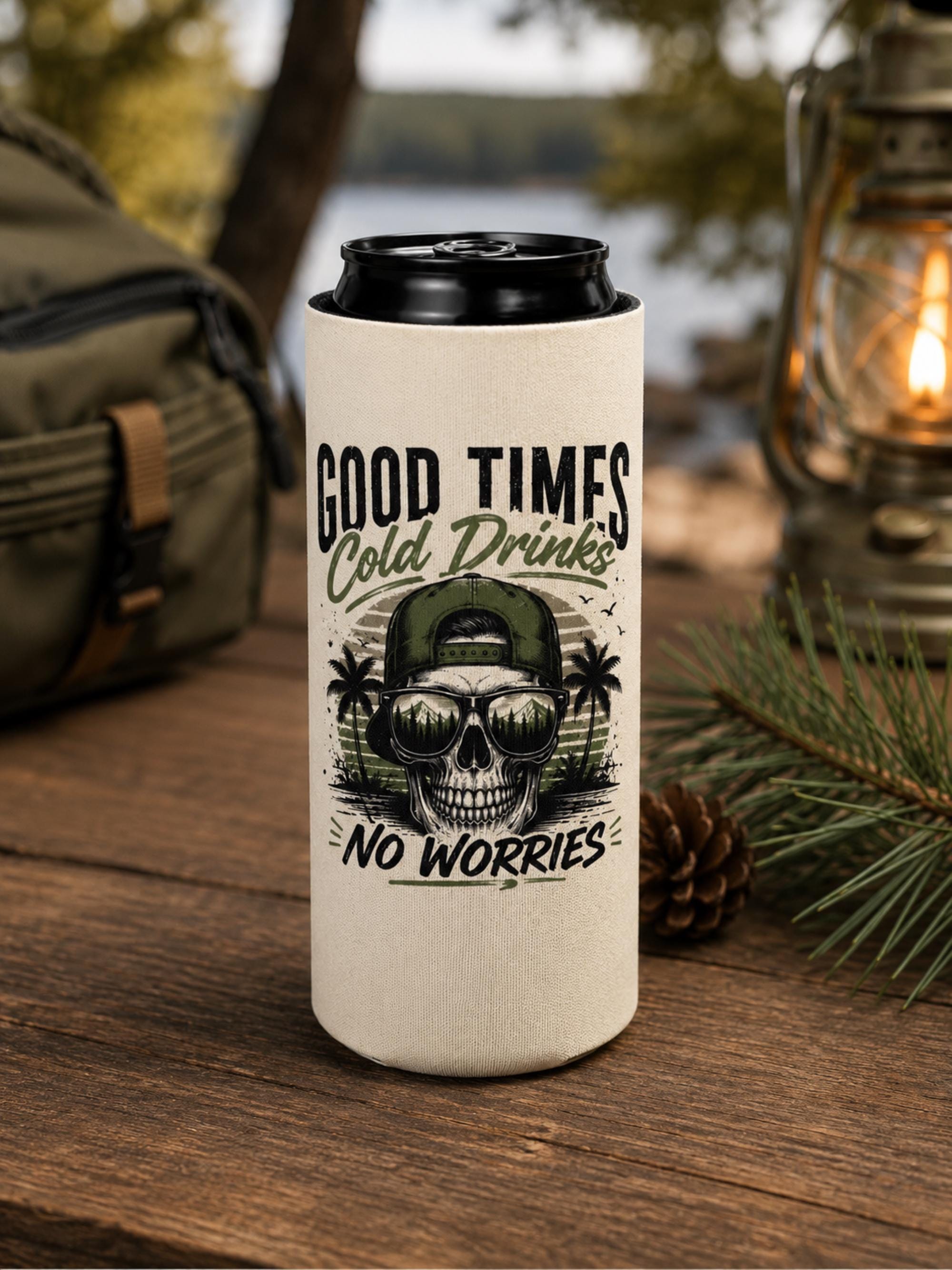 Campfire lifestyle mockup featuring insulated can cooler