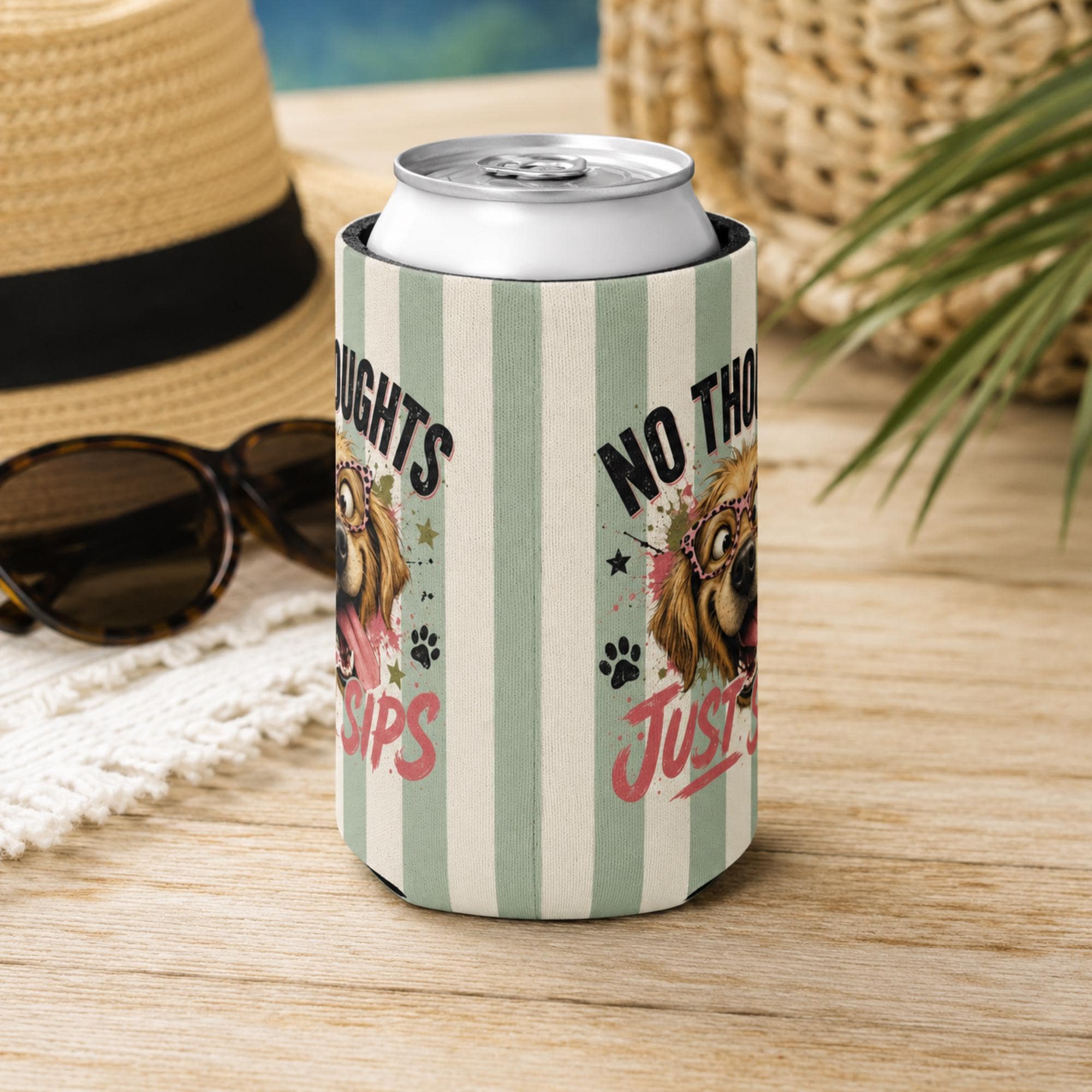 Funny dog reg size can cooler with “No Thoughts Just Sips” design, shown in regular and slim sizes for summer drinks.